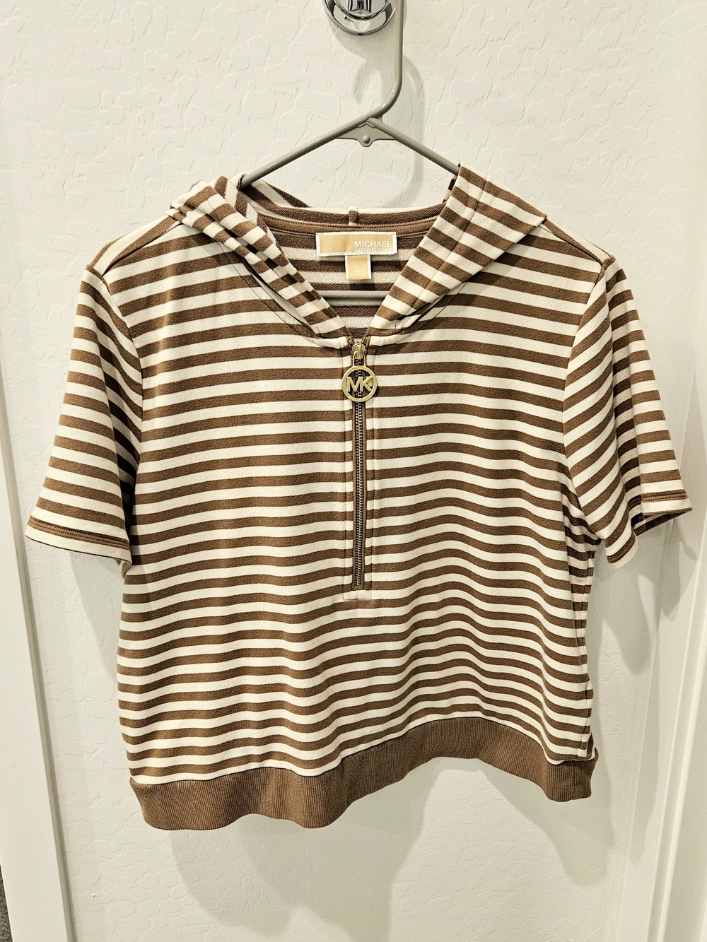 Michael Kors Brown & White Striped Hoodie with Gold MK Pull